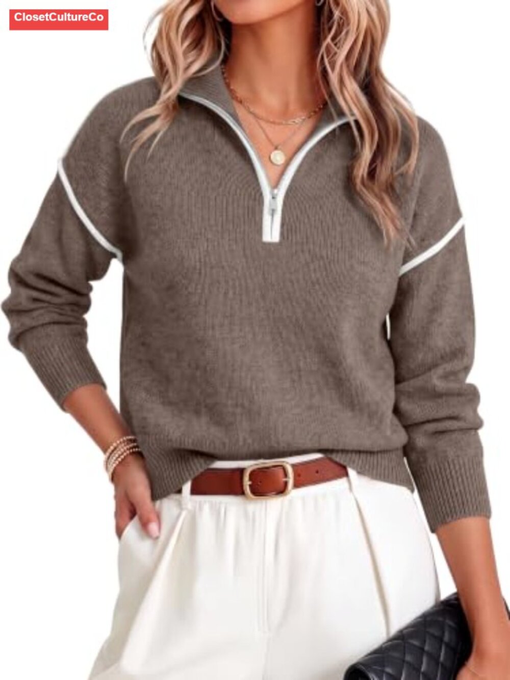 Quarter Zip Cropped Sweater Pullover Loose Fit Fall Outfit